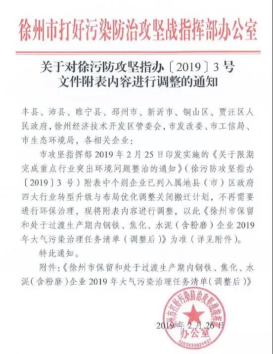 《徐州處于保留和過渡期內(nèi)鋼鐵、水泥、焦化企業(yè)2019年大氣污染治理任務(wù)清單》